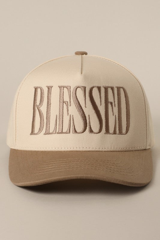 BLESSED embroidered khaki and taupe trucker hat