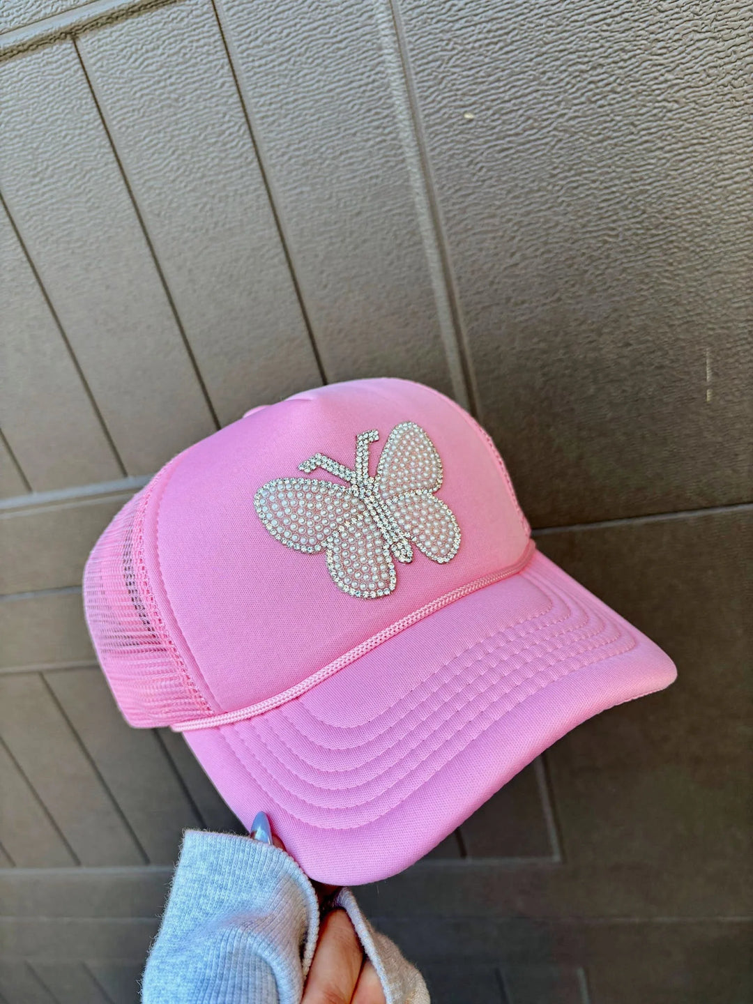 Ditressed Vintage Couture pink butterfly pearl trucker hat