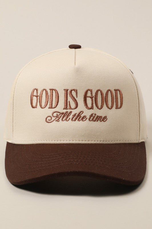 God Is Good all the time embroidered khaki and brown trucker hat