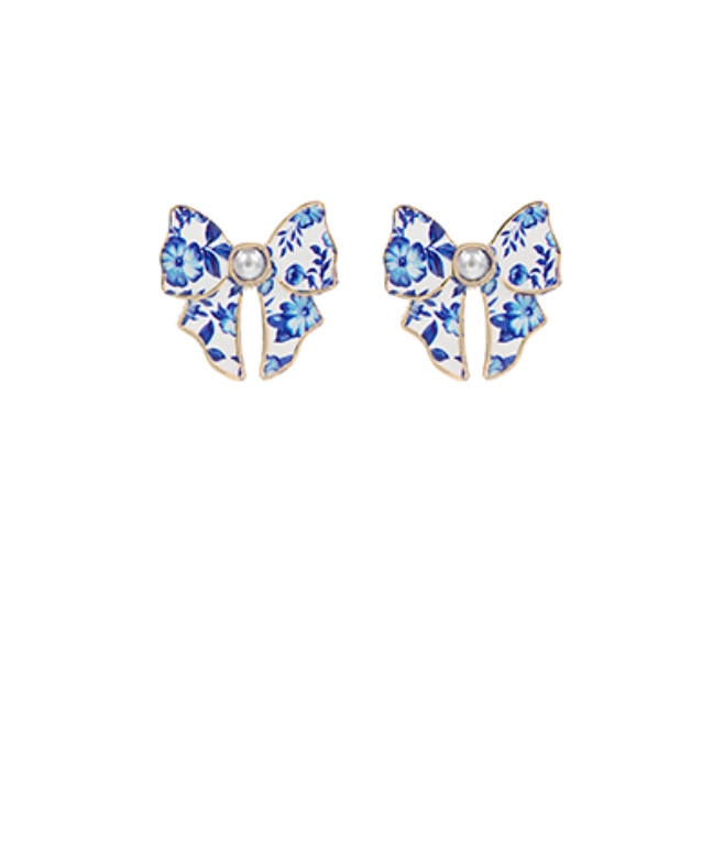 blue chinoiserie bow stud earrings