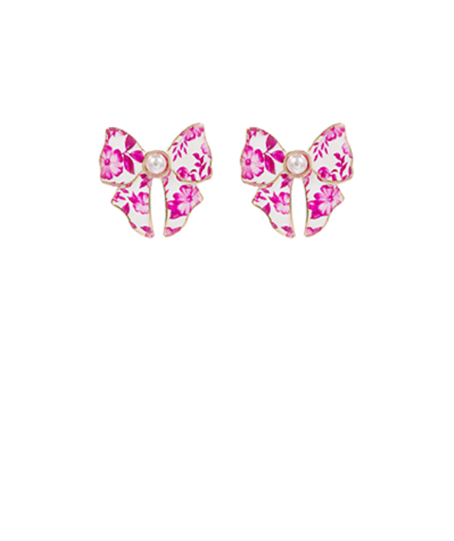 pink chinoiserie bow stud earrings