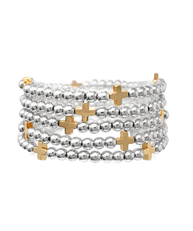 Silver and gold cross dainty beaded bracelets set