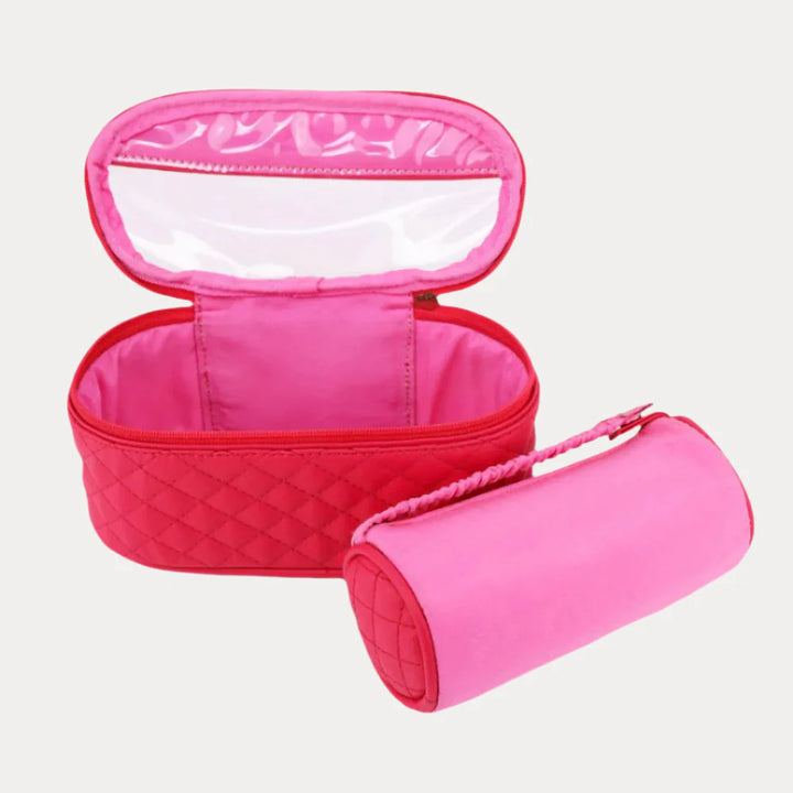 BuDhaGirl pink quilted vegan leather travel case showing removable insert