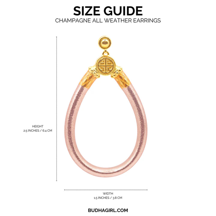 Size guide for Champagne All Weather Earrings from Budha girl with dimensions and brand name.