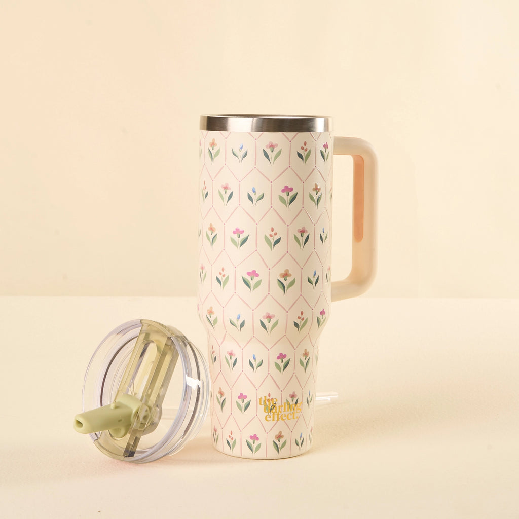 Ivory and pink floral travel tumbler