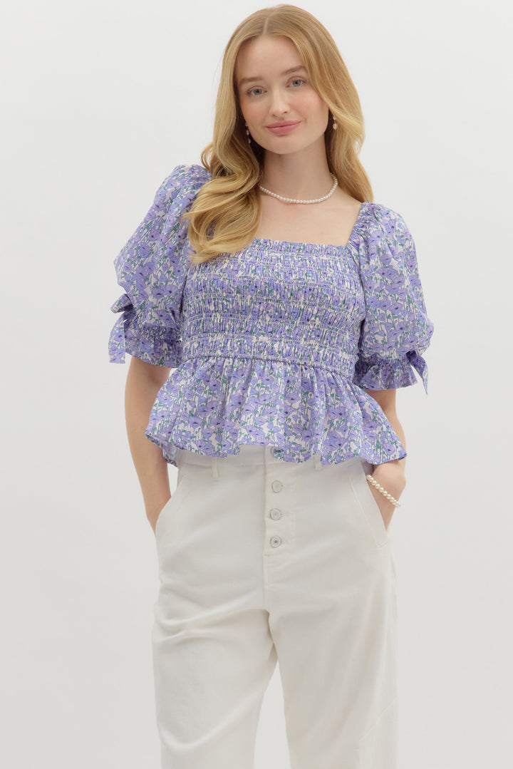 ENTRO smocked lavender floral top