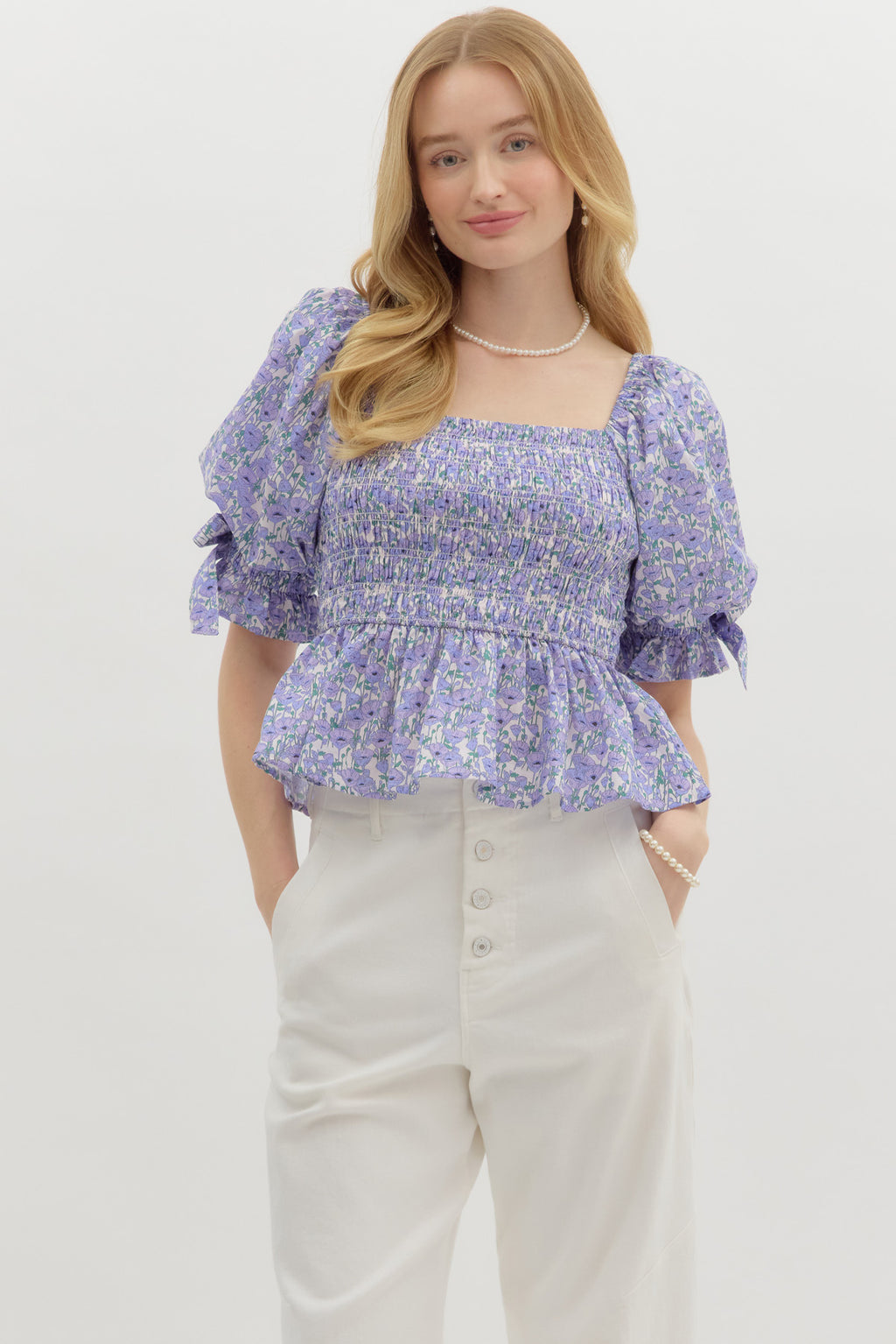 ENTRO smocked lavender floral top