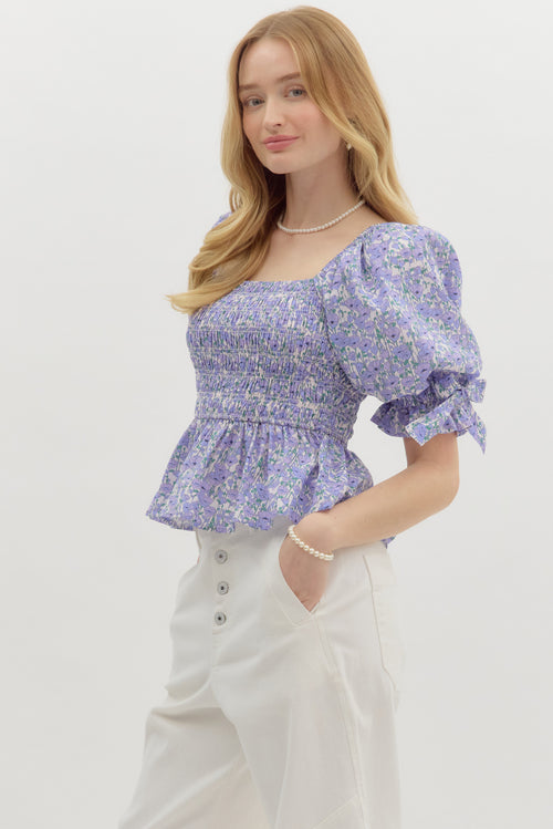 ENTRO smocked lavender floral top