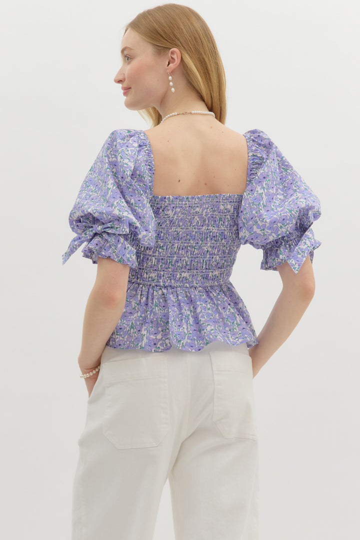 ENTRO smocked lavender floral top