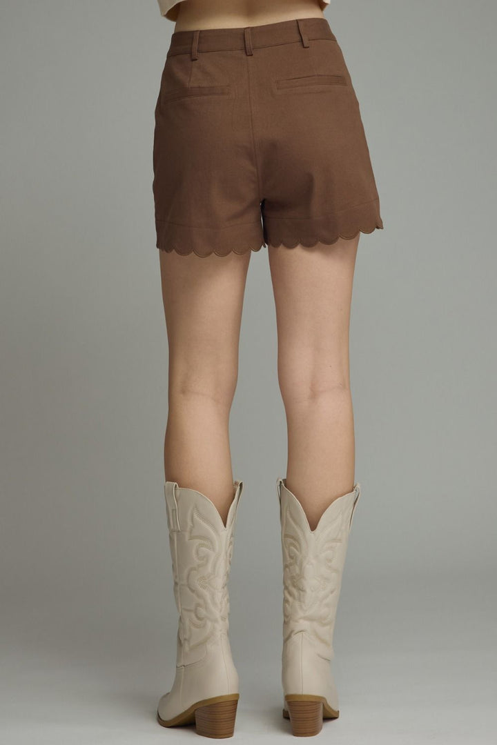 Entro brown twill scalloped shorts with scalloped trim details and back pockets