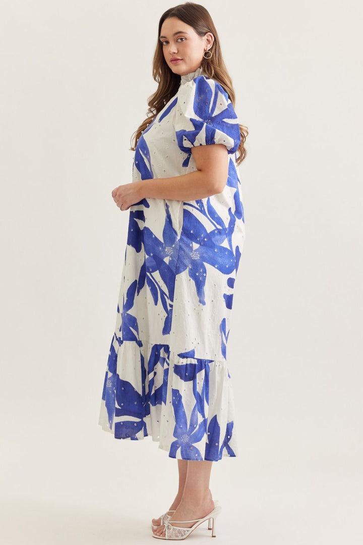 Entro royal blue floral print plus size midi dress with embroidery eyelet details and a flowy silhouette