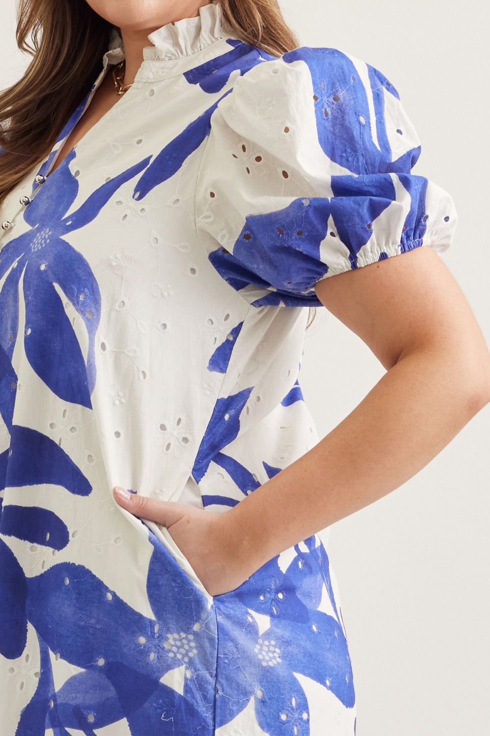 Entro royal blue floral print plus size midi dress with embroidery eyelet details and side pockets