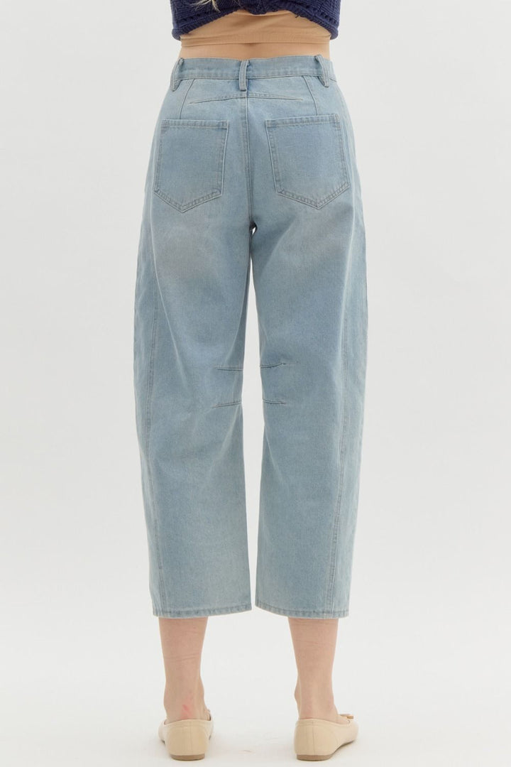 Women's Entro Brand light washed denim barrel jeans showing back view