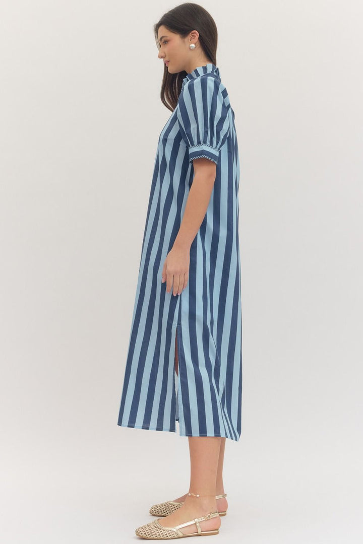 plus size navy and light blue striped midi dress with collar