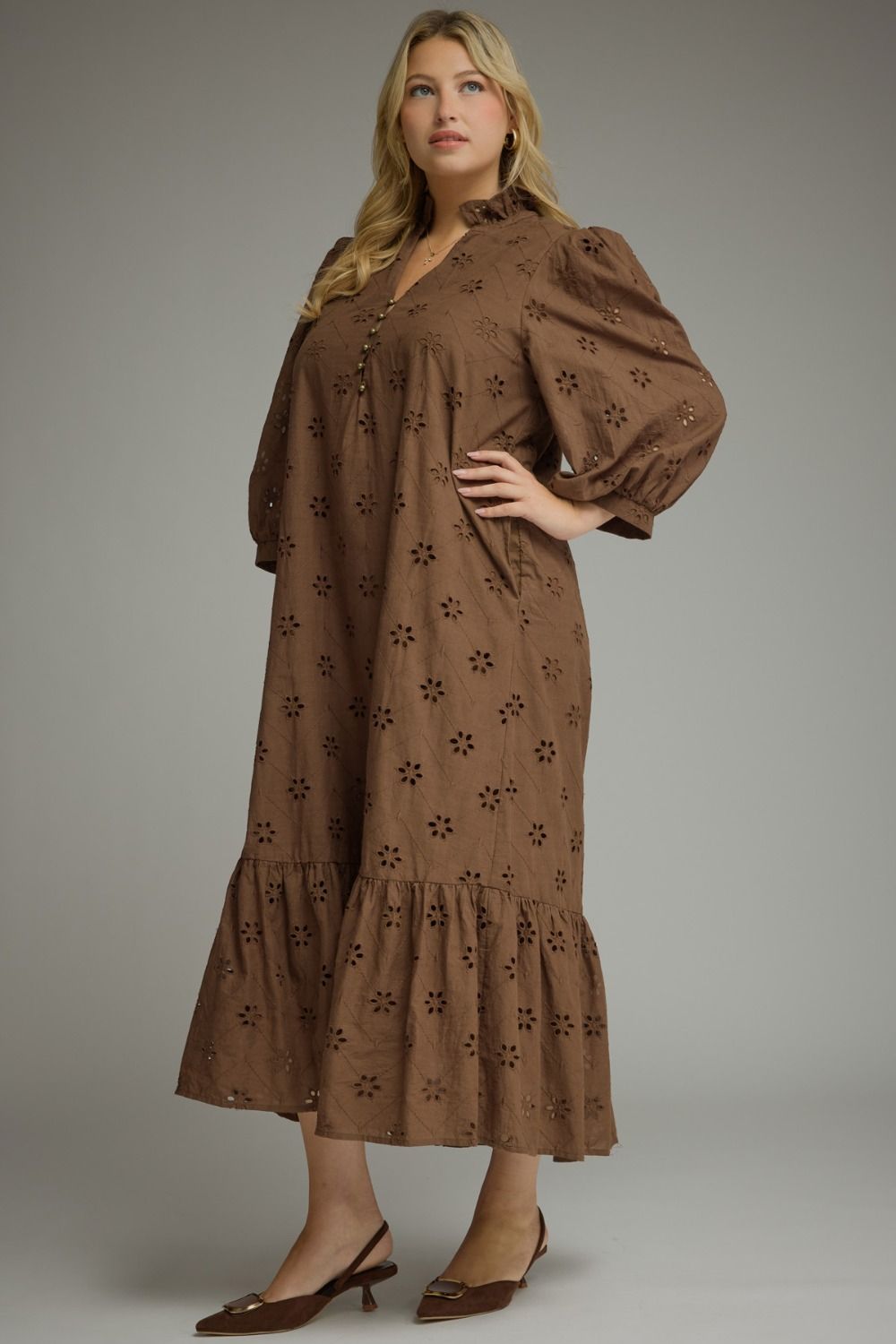 Entro brown midi dress with eyelet floral embroidery and balloon sleeves