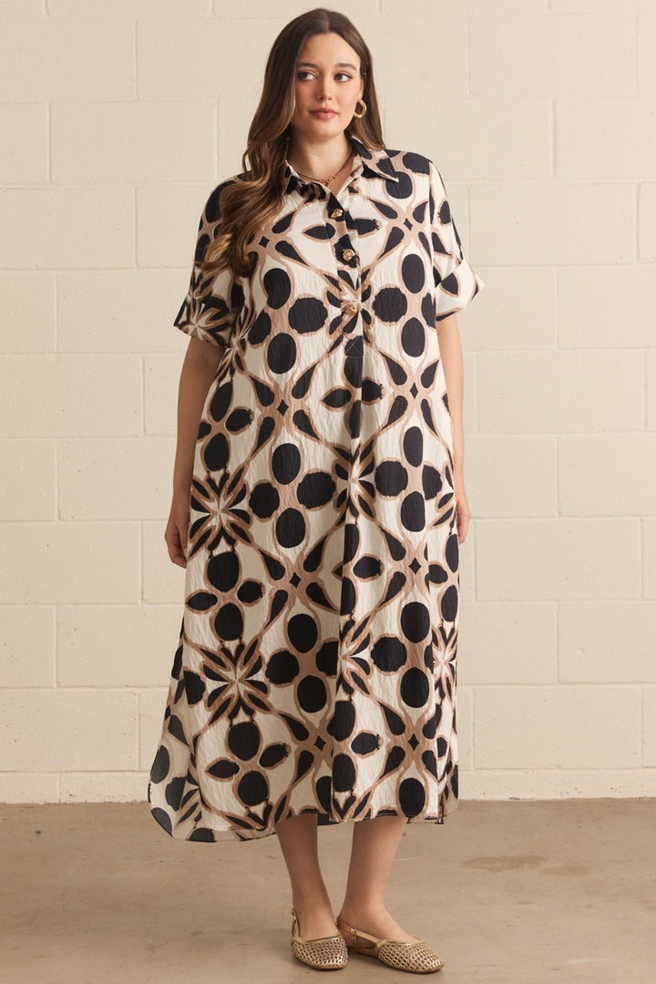 Entro plus size ivory and black printed, collared midi dress with button front 