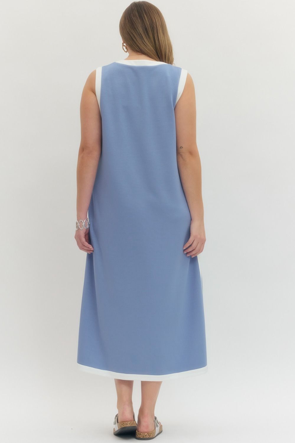 Women's plus size blue scuba midi with white contrast trim