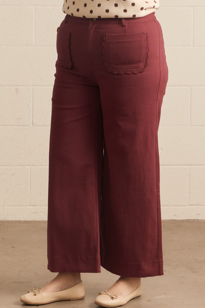 Entro plus burgundy twill denim wide leg pants with scalloped details and belt loops