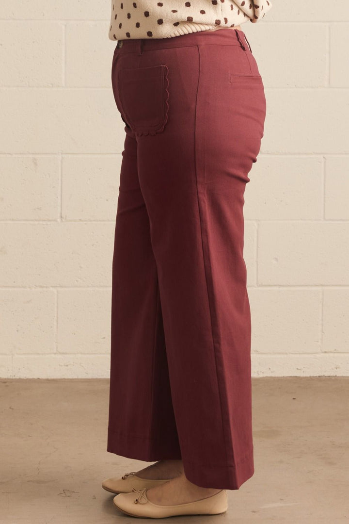 Entro plus twill denim wide leg pants with scalloped details and a flattering fit in burgundy 