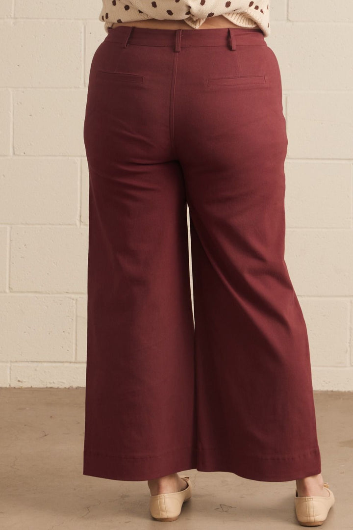 Entro plus size burgundy twill denim wide leg pants with scalloped trimmed pockets
