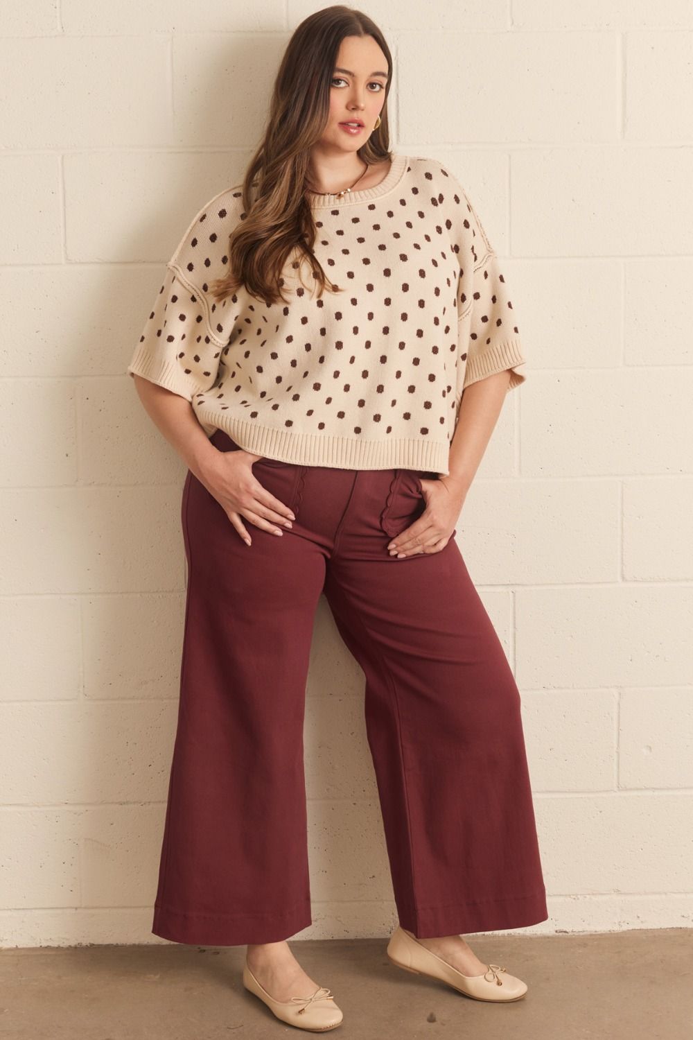 Entro plus size twill denim wide leg pants with scalloped details in burgundy 