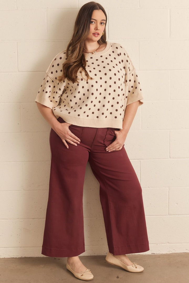 Entro plus size twill denim wide leg pants with scalloped details in burgundy 