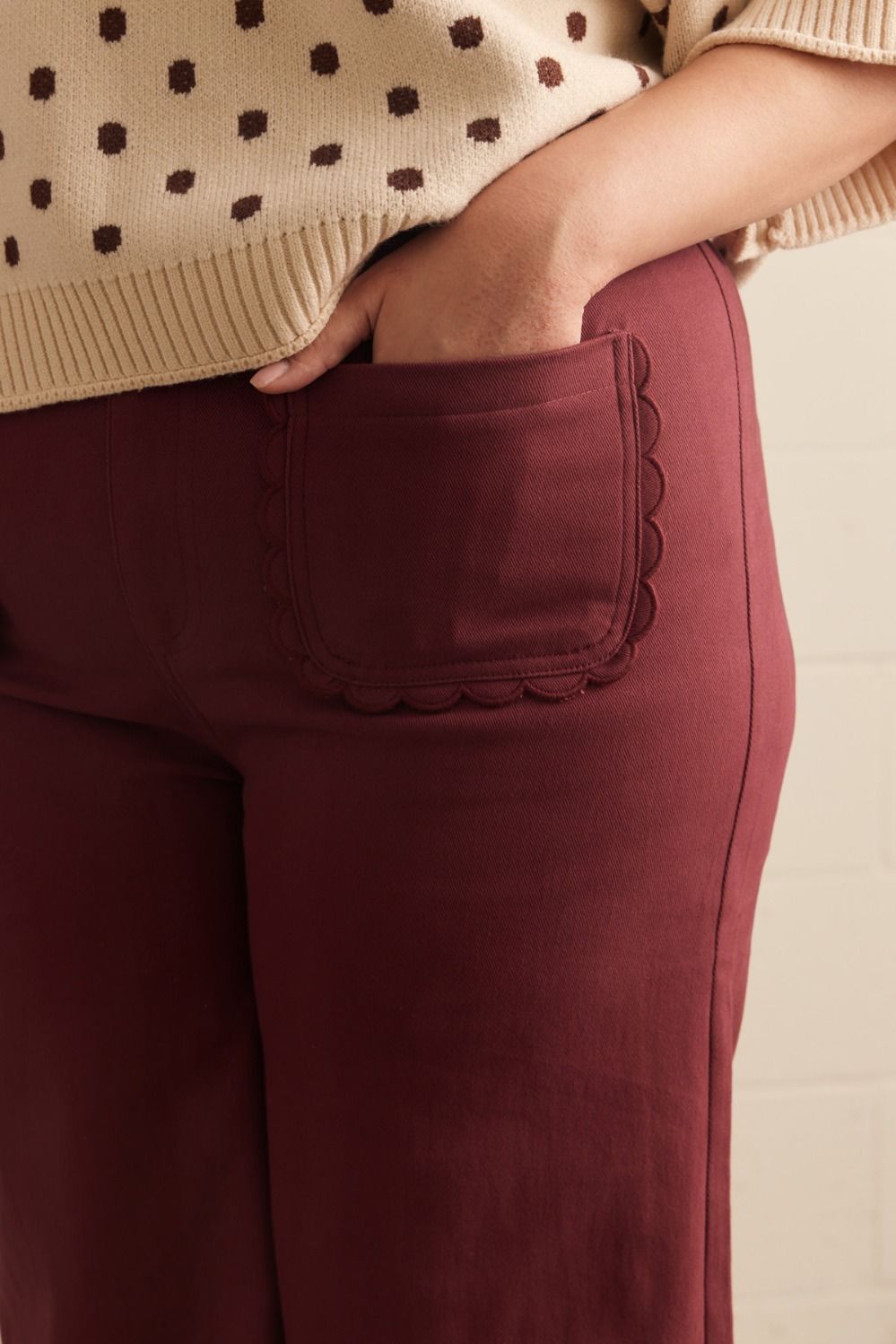 Entro plus size burgundy twill denim wide leg pants with scalloped details and comfortable fit
