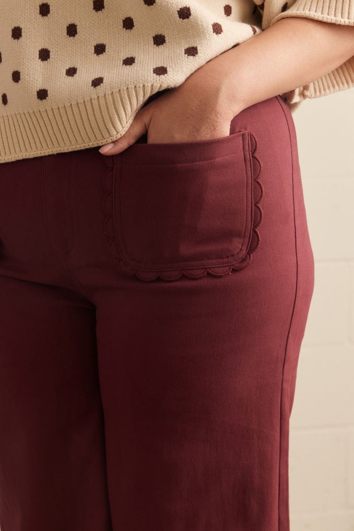 Entro plus size burgundy twill denim wide leg pants with scalloped details and comfortable fit