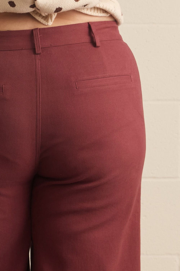 Entro plus size burgundy twill denim wide leg pants with scalloped details and a flattering silhouette