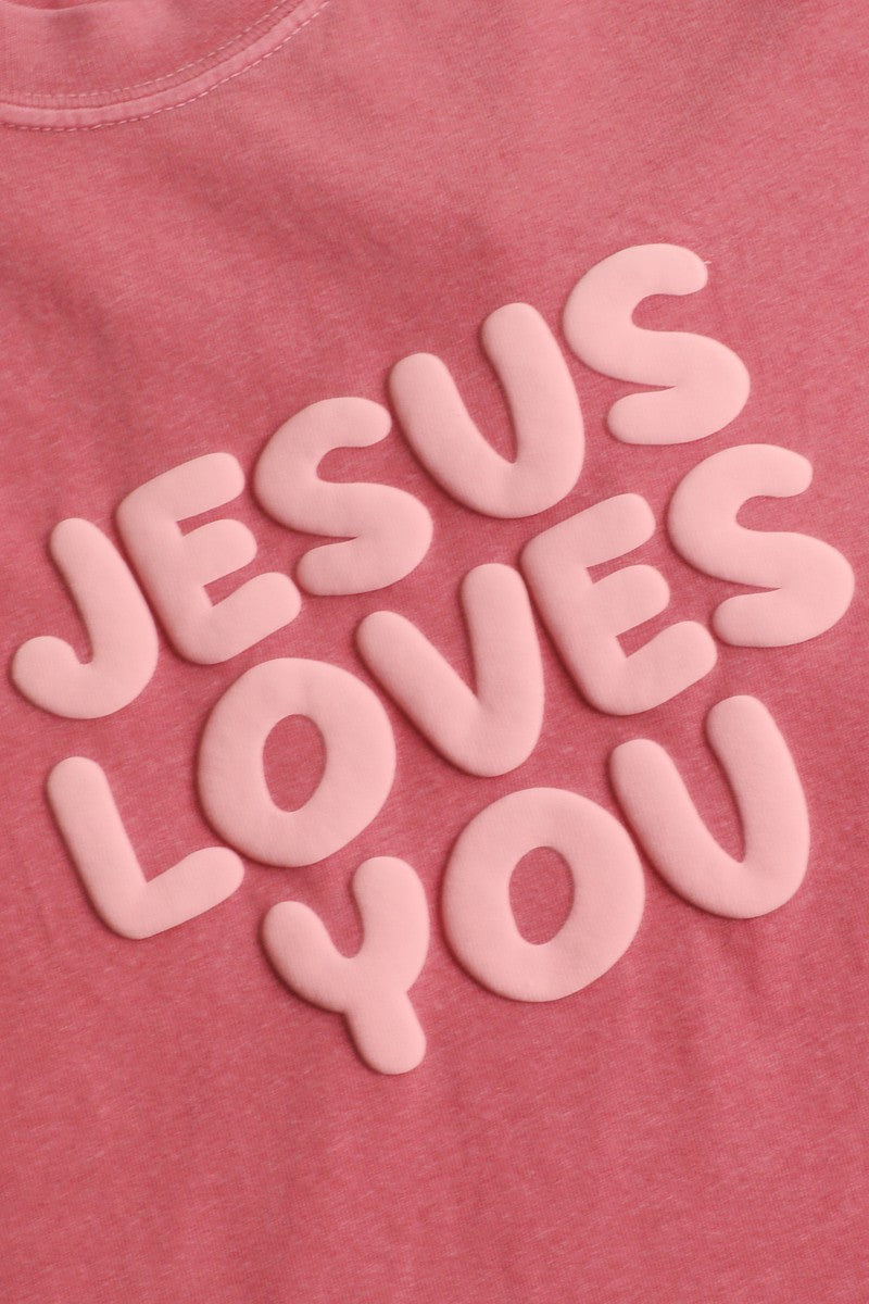 crimson with puff letter Jesus Loves You graphic short sleeve heavyweight cotton tee