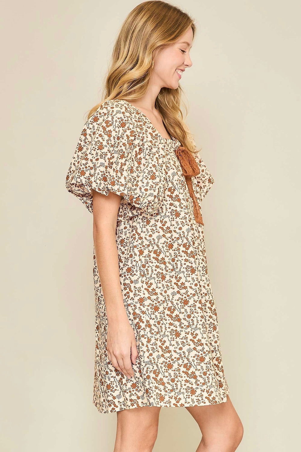 Umgee beige puff sleeve dress with brown floral print