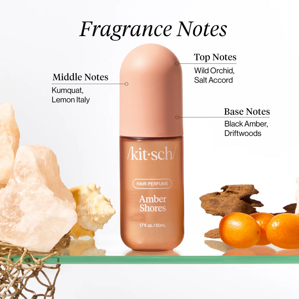 Kitsch Amber Shores hair perfume bottle with fragrance notes of wild orchid and salt accord