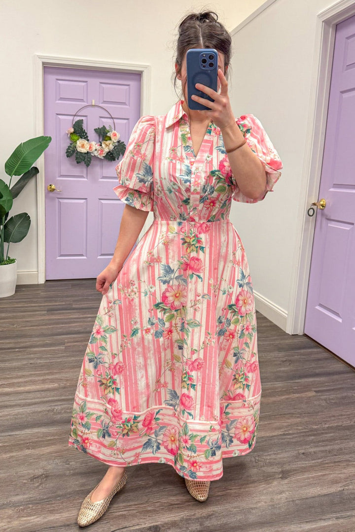 Pink floral collared and self tie midi dress