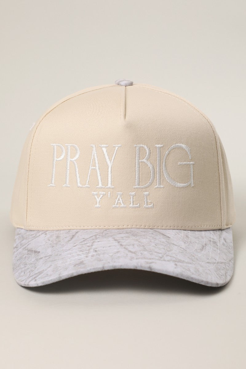 Pray Big Y'all canvas trucker hat in white camo and beige by Fashion City.