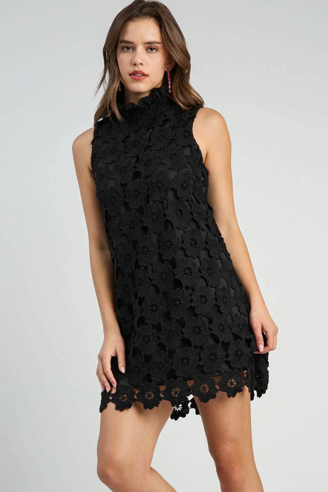 Umgee black sleeveless floral lace dress with bow tie in back