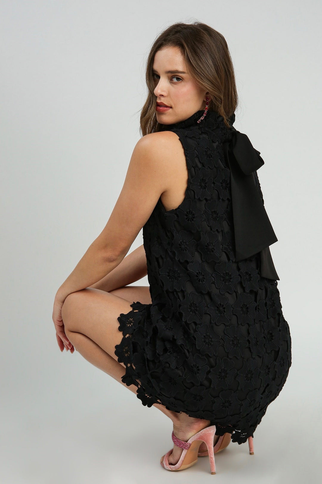 Umgee black sleeveless floral lace dress with bow tie in back