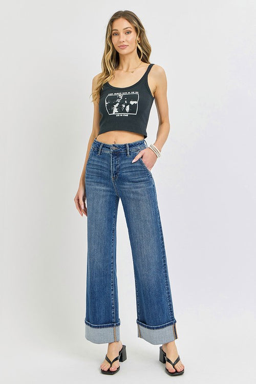 Risen Jeans dark washed denim wide cuffed ankle jeans with tummy control
