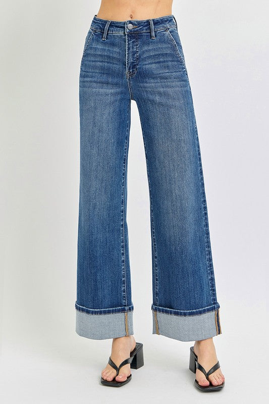 Risen Jeans dark washed denim wide cuffed ankle jeans with tummy control