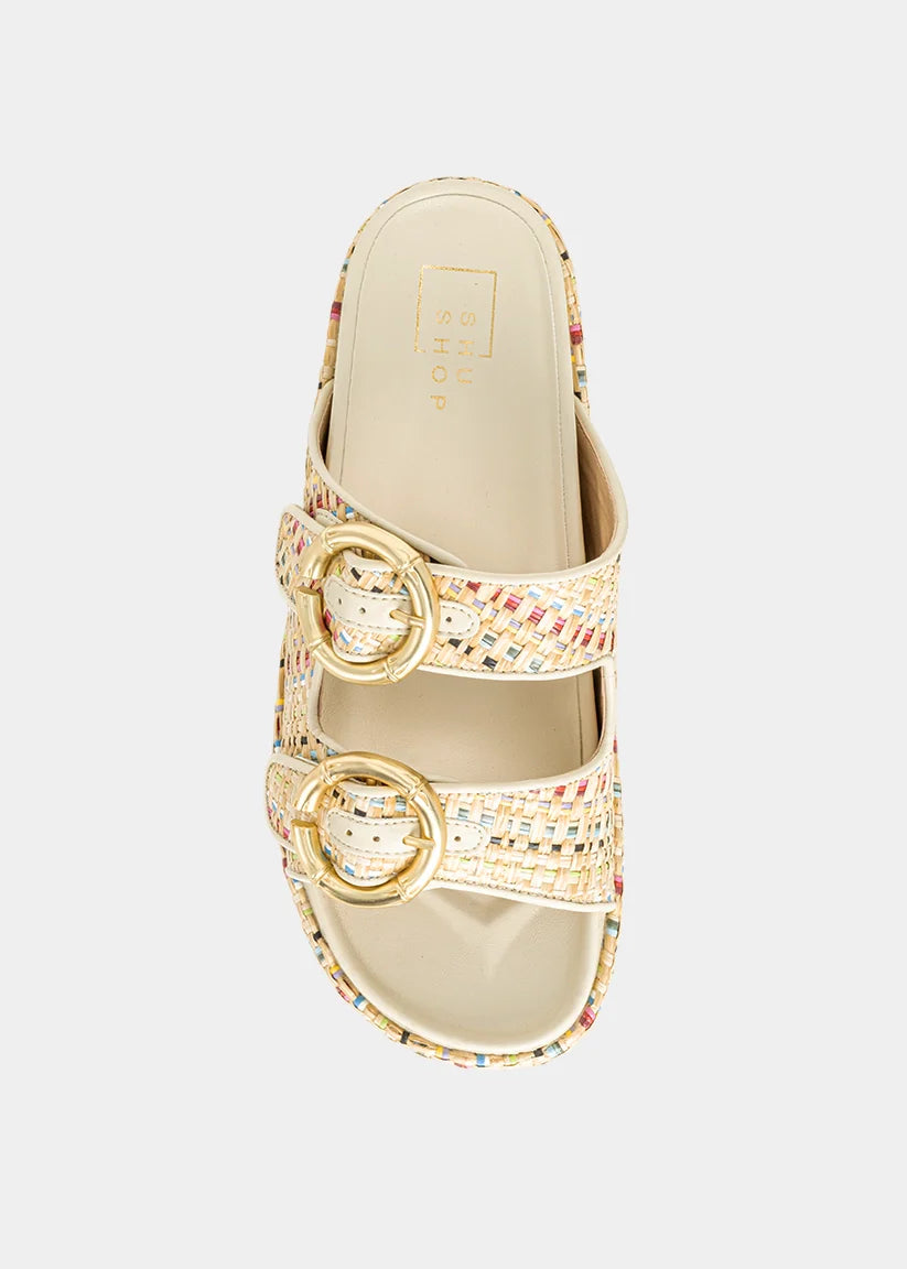 Light Beige flatform sandal with gold buckles