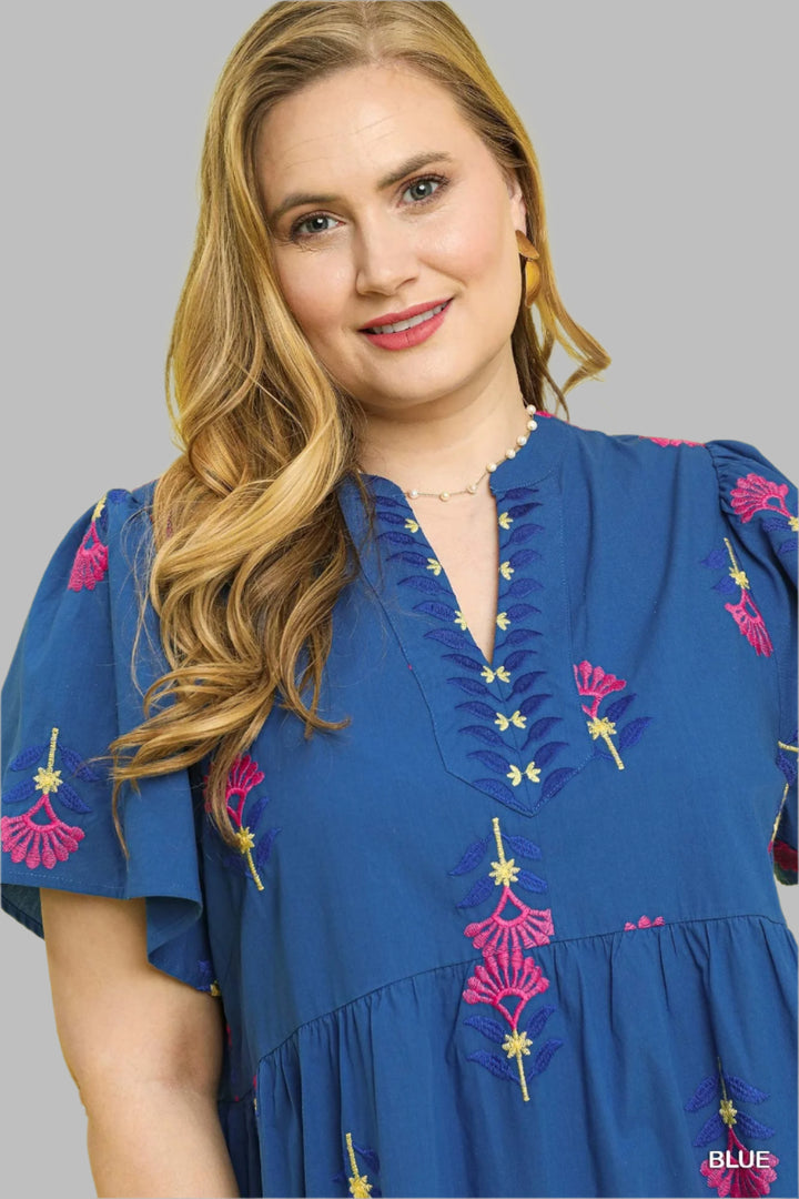 umgee blue embroidered midi dress