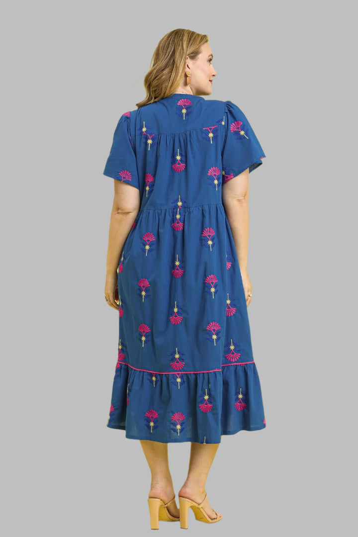 umgee blue embroidered midi dress