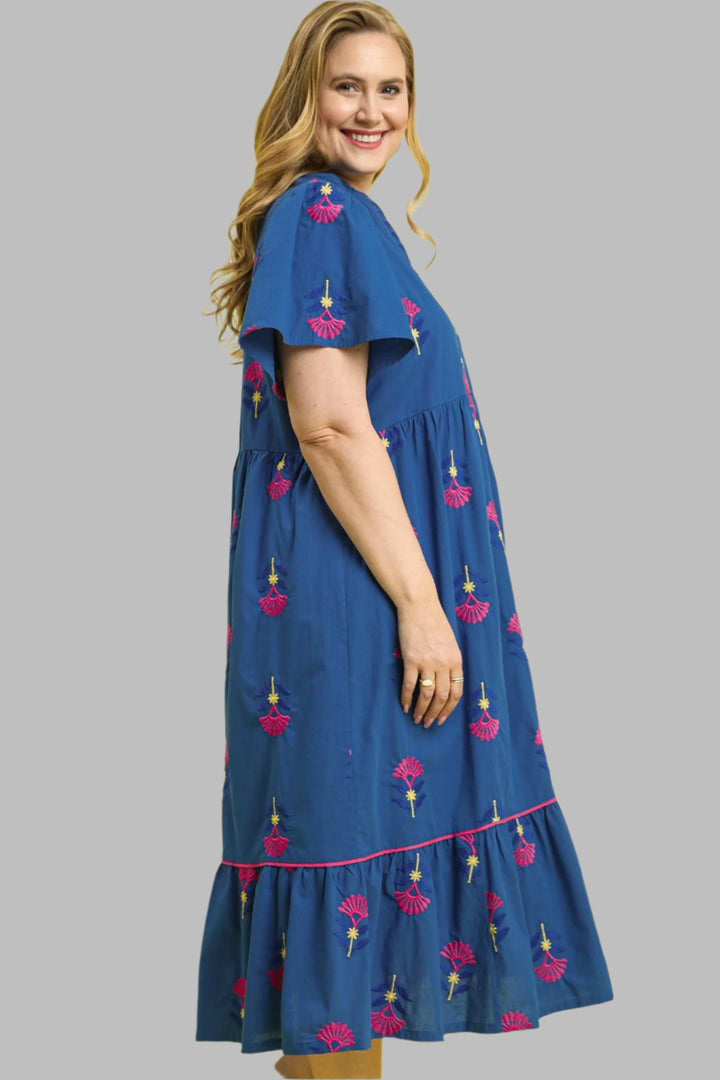umgee blue embroidered midi dress