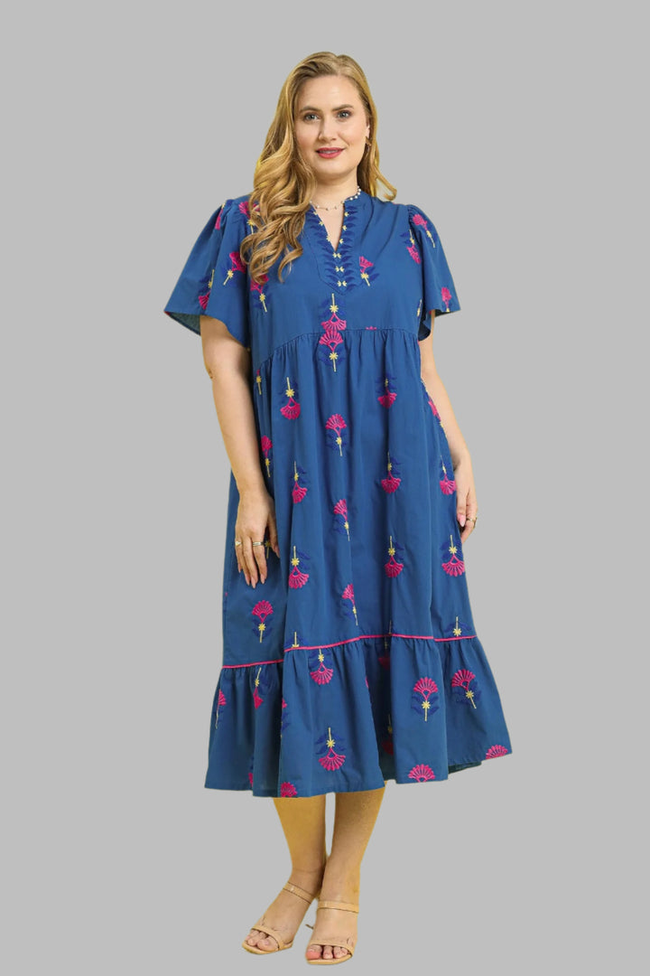 umgee blue embroidered midi dress