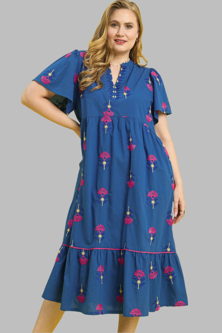 umgee blue embroidered midi dress