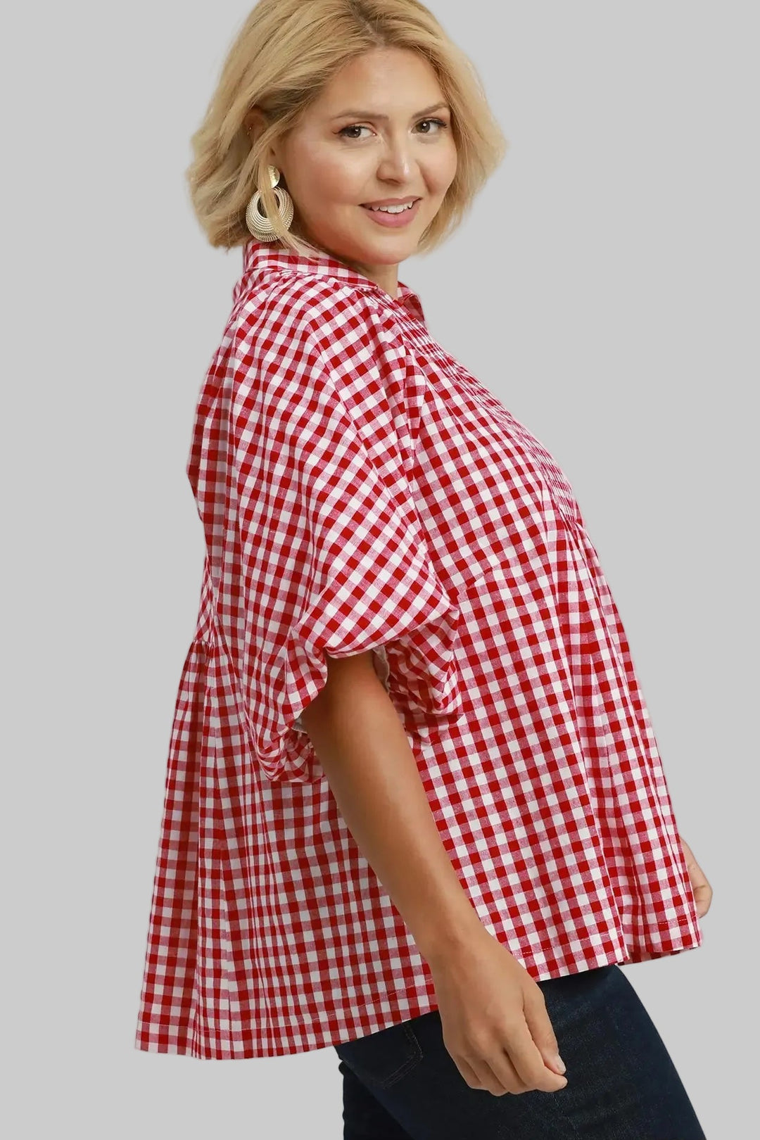 Umgee plus size babydoll top in crimson and off white gingham checkered print with puff sleeves