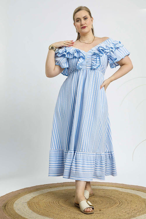 umgee striped blue ruffle midi dress