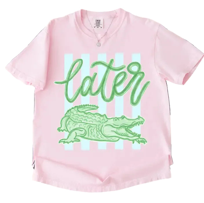youth light pink with white stripes and green later gator graphic print crew neckline tee