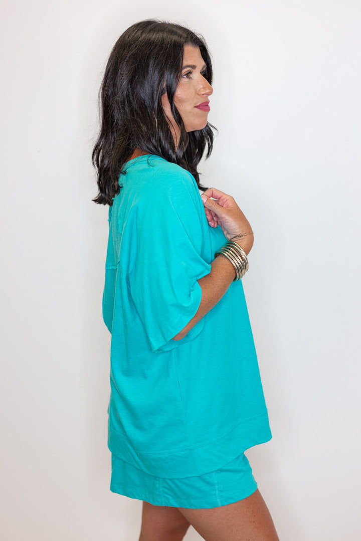 cotton aqua blue matching shorts set side