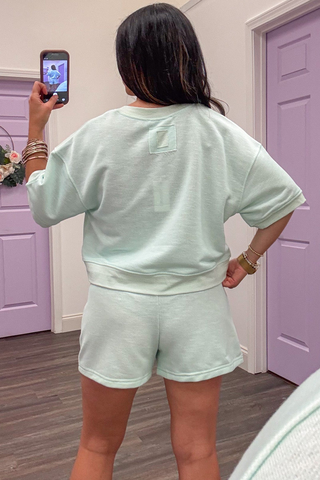 aqua with striped mint trim short sleeve crew neckline terry knit top