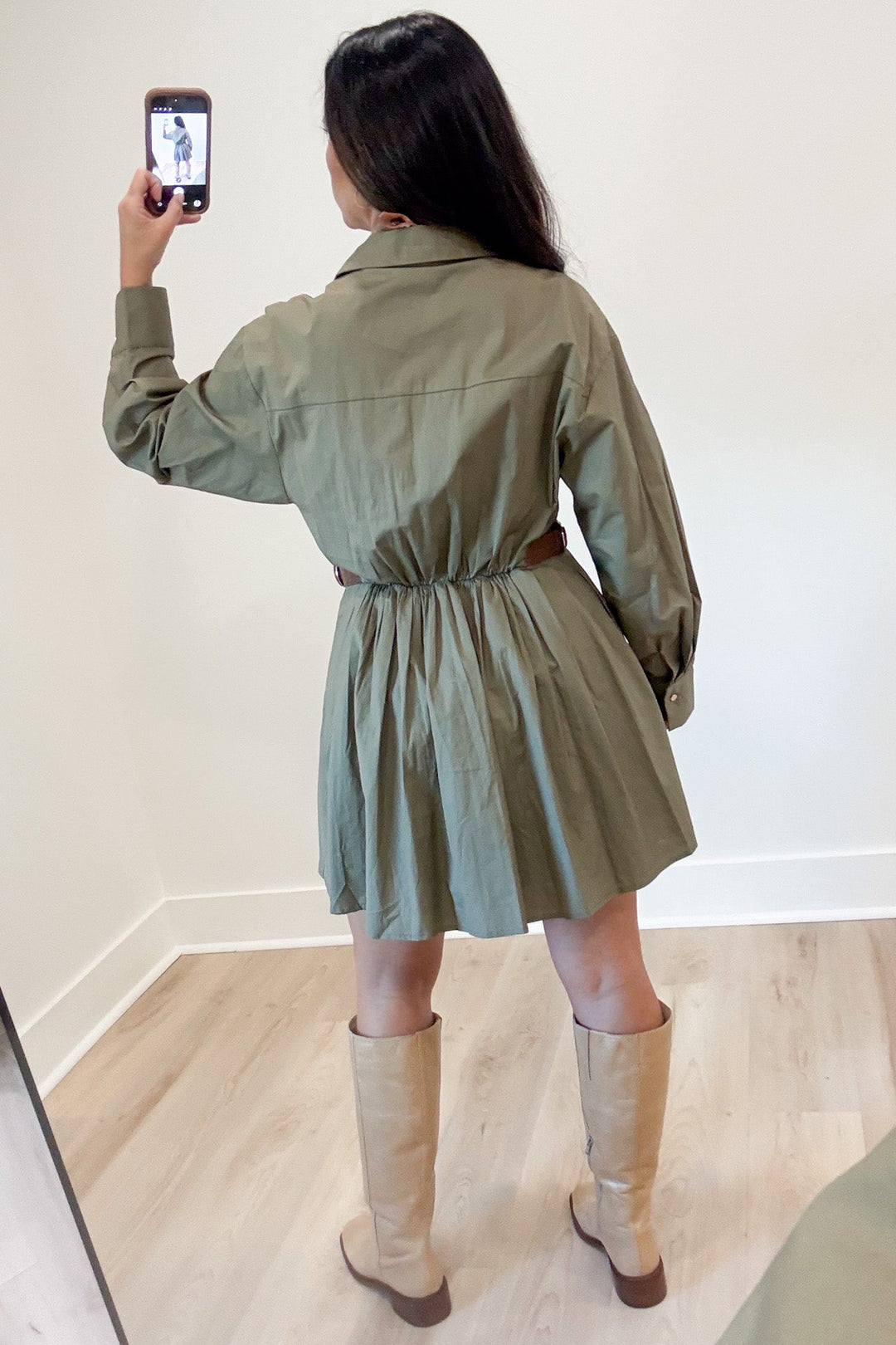 solid army green belted cinch waist long sleeve button front cotton poplin mini dress